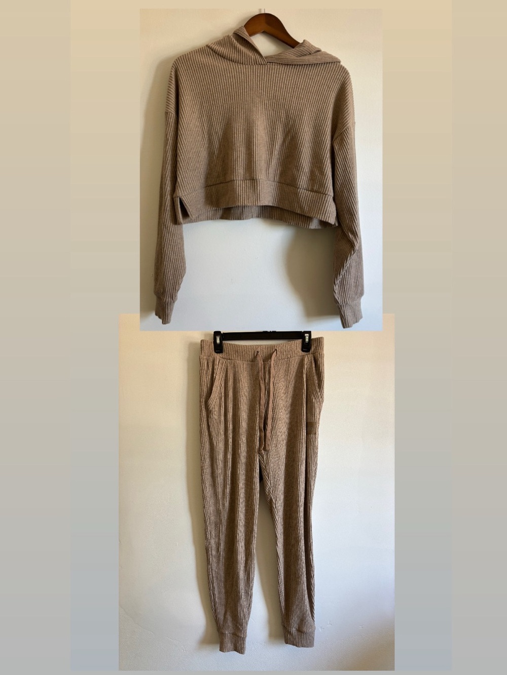 ALO Yoga set Ribbed Hooded Cropped Top & Drawstring Joggers - Taupe